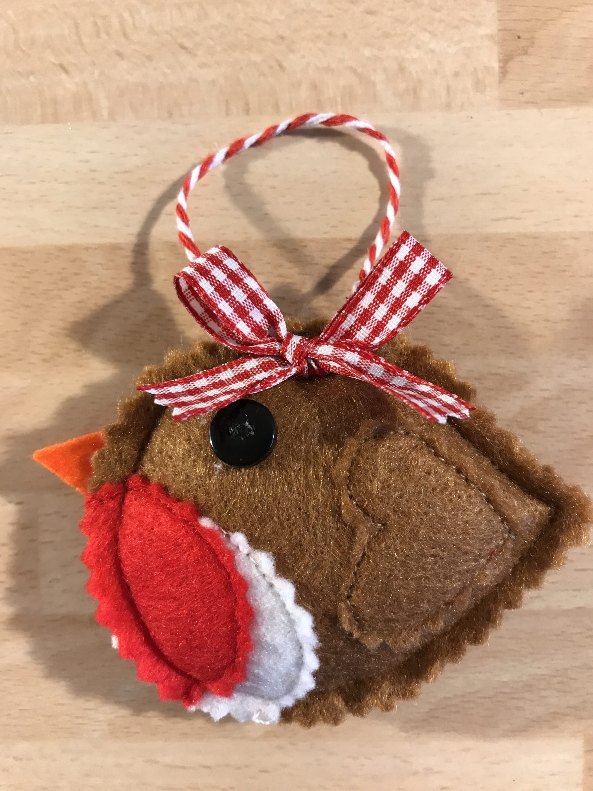 Mini Side 'Rosie Robin' Gingham Light Brown Felt Tree Decoration