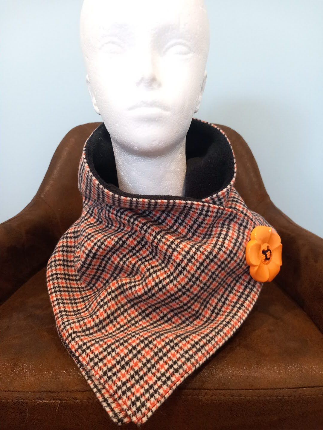 Orange, Black & White Check Wool Blend Tartan Black Fleece Lined Cowl Scarf