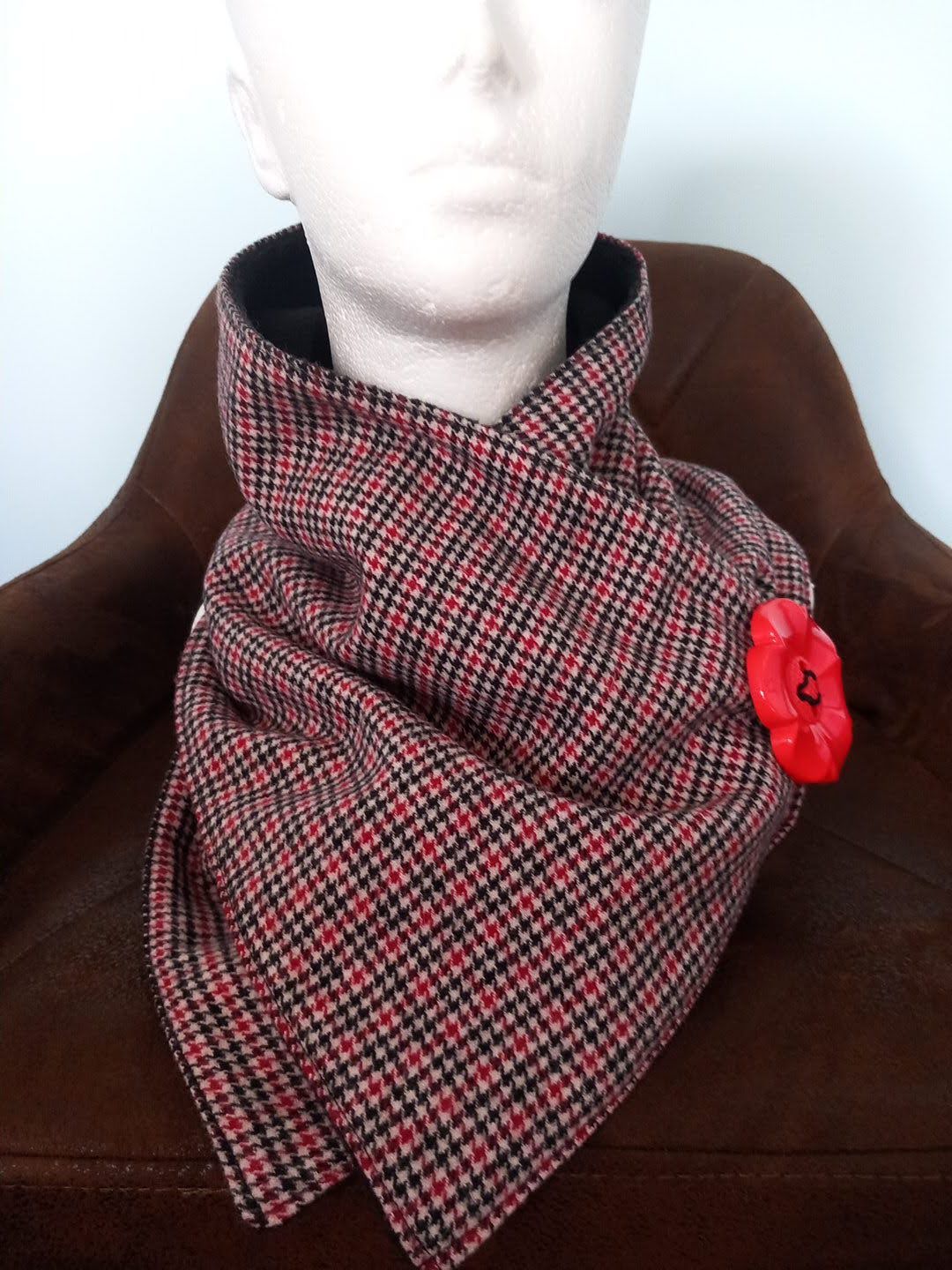 Red, Black & White Check Wool Blend Tartan Black Fleece Lined Cowl Scarf