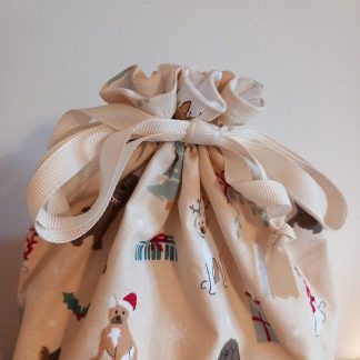 Festive Cream Christmas Pups Drawstring Gift Pouch Bag