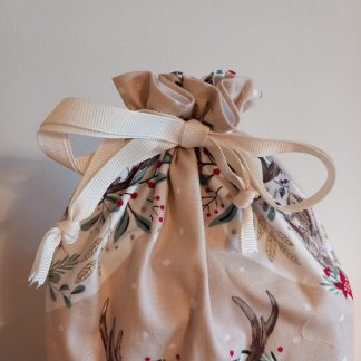 Festive Cream Christmas Reindeers Drawstring Gift Pouch Bag