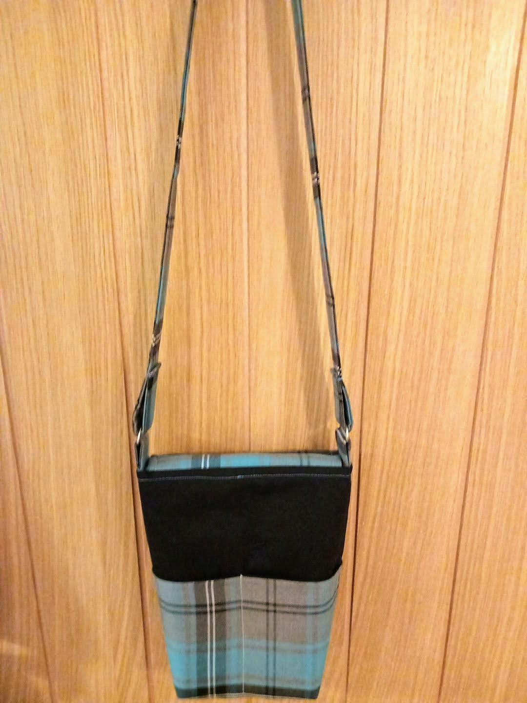 Turquoise & Grey/Black Cotton Denim Tartan Small Messenger Style Bag - Image 2