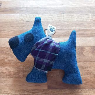Dark Denim Mini Dog with Purple & Grey Tartan Bandana Keyring