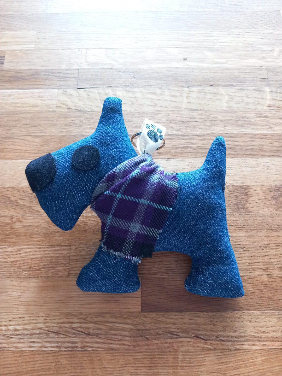 Dark Denim Mini Dog with Purple & Grey Tartan Bandana Keyring