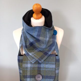 Blue & Green Wool Blend Tartan Black Fleece Lined Cowl Scarf & Handbag Set