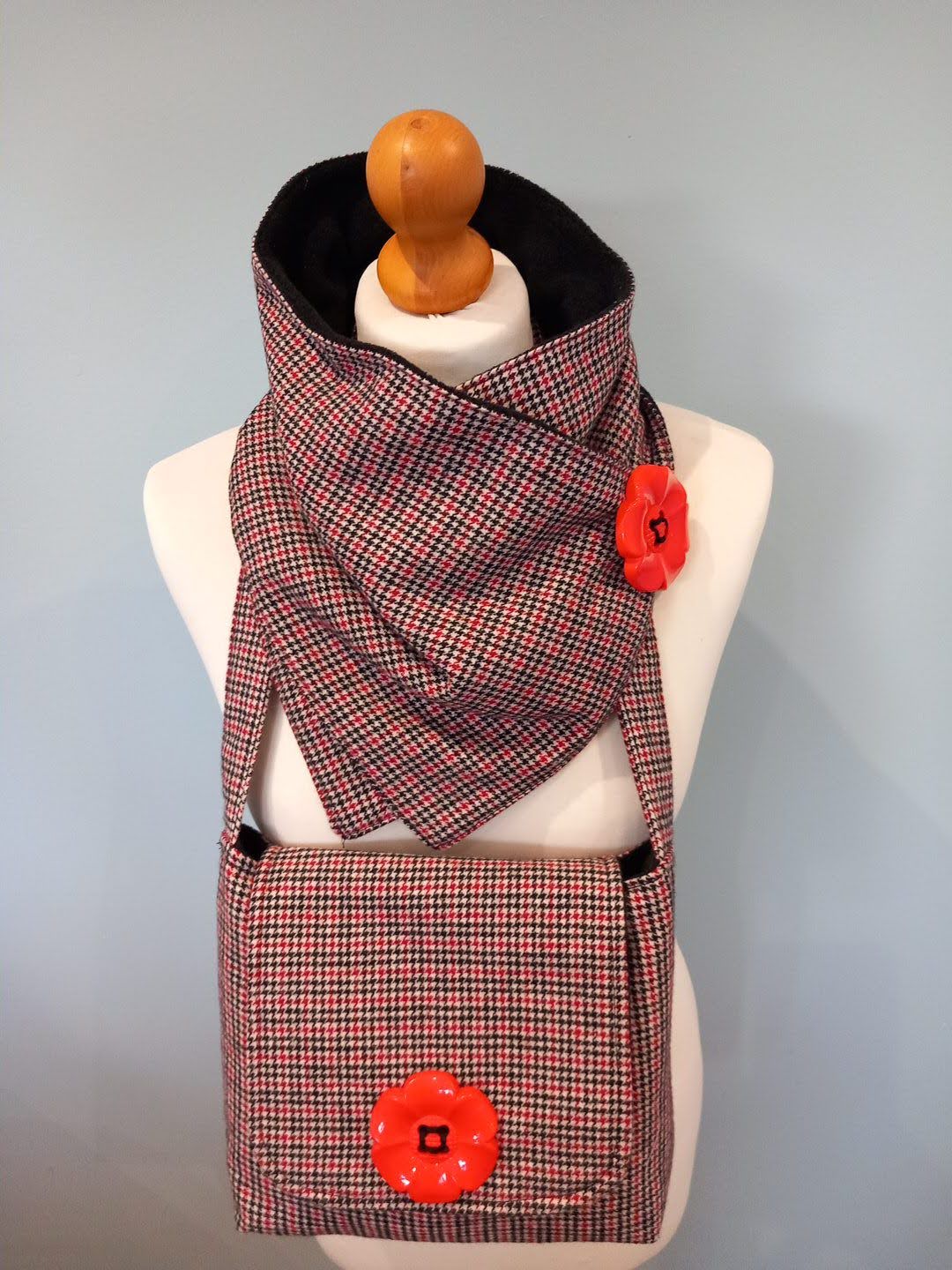 Red & Black Check Wool Blend Tartan Black Fleece Lined Cowl Scarf & Handbag Set